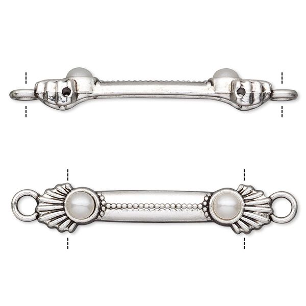 Link, acrylic pearl and antique silver-finished "pewter" (zinc-based alloy), white, 36x7mm double-drilled bar with shell design, fits up to 25.5mm bead. Sold per pkg of 10. image number 0