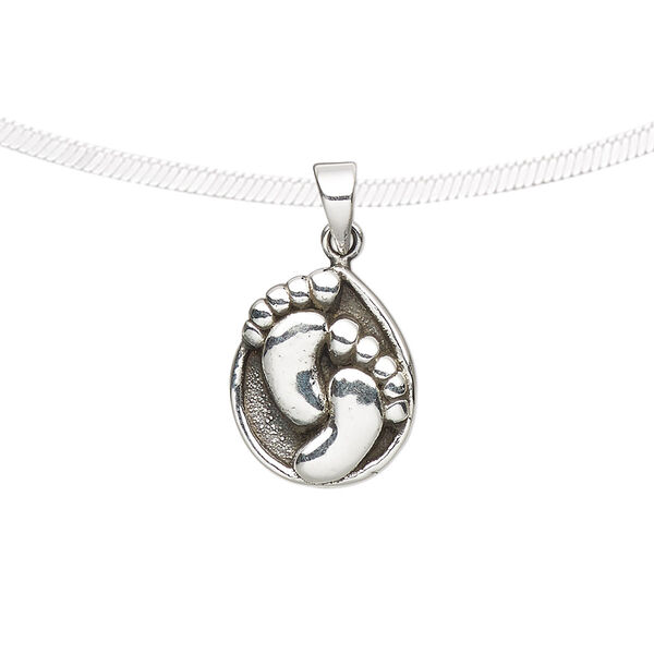 Pendant, antiqued fine silver, electroformed, 15x13mm single-sided teardrop with footprints design. Sold individually. image number 0