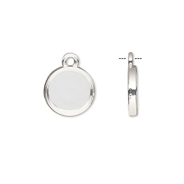 Drop, silver-finished brass, 12mm single-sided round with 10mm round setting. Sold per pkg of 10. image number 0