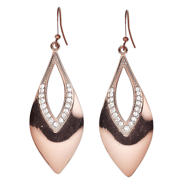 Earring, Czech crystal rhinestone with copper-plated steel and pewter (tin-based alloy), clear, 2-1/2 inches with marquise go-go and fishhook ear wire. Sold per pair. image number 0