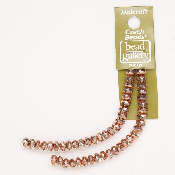 Bead Czech fire-polished glass 1pk 6x4mm-7x5mm faceted rondelle, translucent transparent copper-coated pink 8 inch image number 0