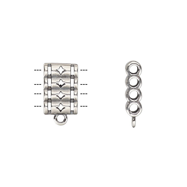 Spacer, antique silver-plated brass, 13x8.5mm double-sided 4-strand quadruple round tube with diamond cutout design and loop, fits up to 2mm bead. Sold individually. image number 0