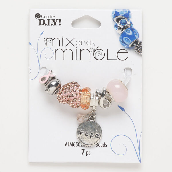 Bead, glass and antique silver-finished "pewter" (zinc-based alloy), pink and orange, assorted sizes. Sold per pkg of 7. image number 0