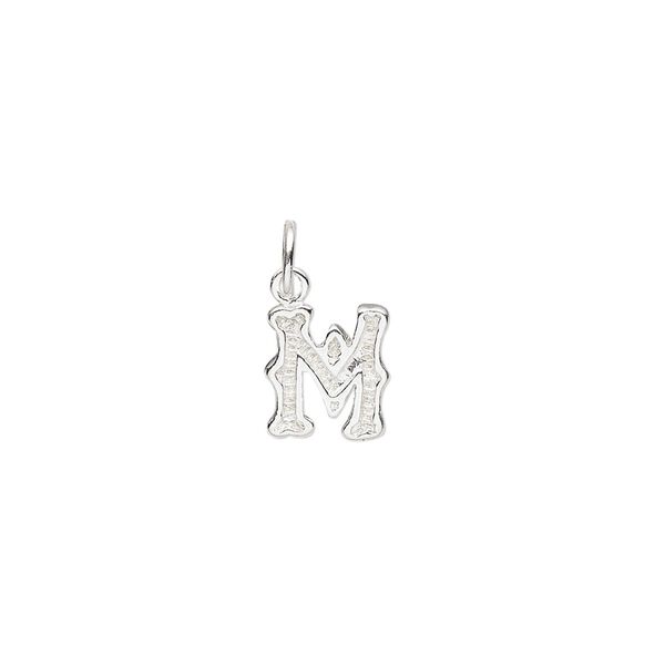 Charm, sterling silver, 9x8mm fancy block alphabet letter "M." Sold individually. image number 0