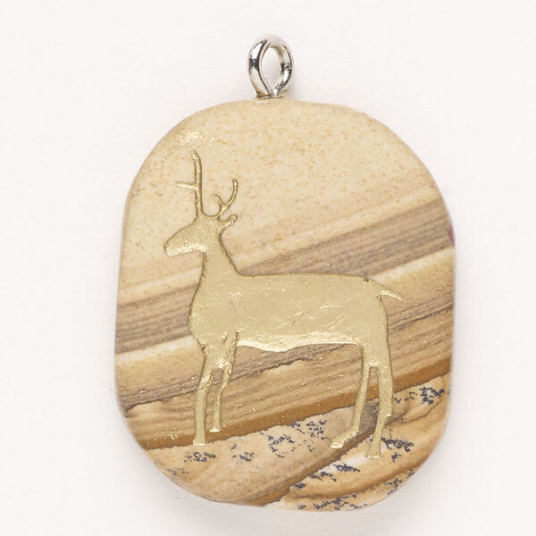Focal, steel/picture jasper (natural)/enamel, pkg/1, silver finish and gold, 32x27mm single-sided puffed freeform with deer, B grade. image number 0