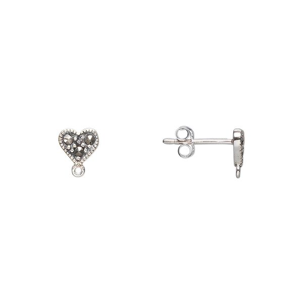 Marcasite / sterling silver 1pkg2, heart earstud / closed loop natural 5mm image number 0