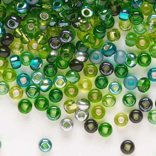 Seed bead mix, glass, pkg/100g, #6 rocaille, translucent and transparent multi-green. image number 0