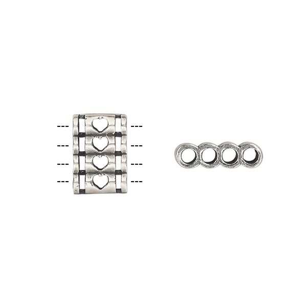 Spacer, antique silver-plated brass, 12.5x8.5mm double-sided 4-strand quadruple round tube with heart cutout design, fits up to 2mm bead. Sold individually. image number 0