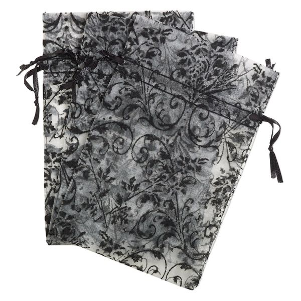 Pouch, satin and flocked organza, grey and black, 6x4-inch rectangle with damask design and drawstring. Sold per pkg of 3. image number 0