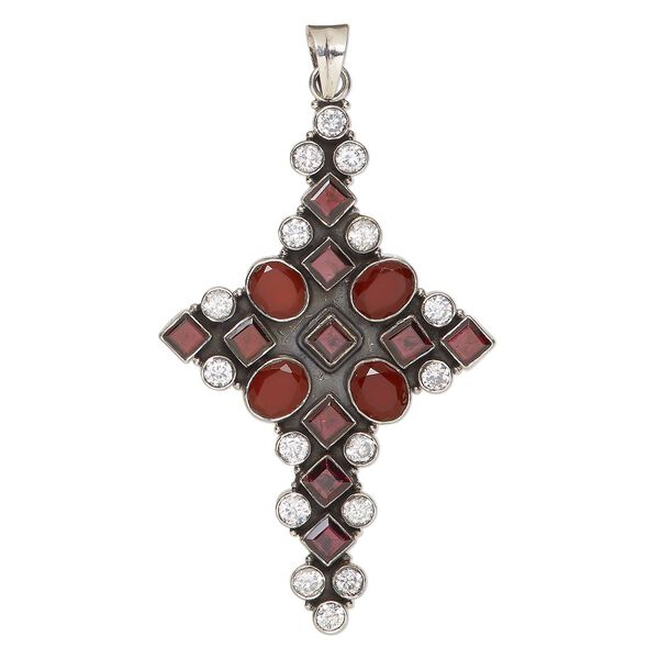 Pendant, carnelian / garnet (natural/dyed/heated/irradiated) / cubic zirconia / antiqued sterling silver, clear, 3-1/2x2-1/4 inch cross. Sold individually. image number 0