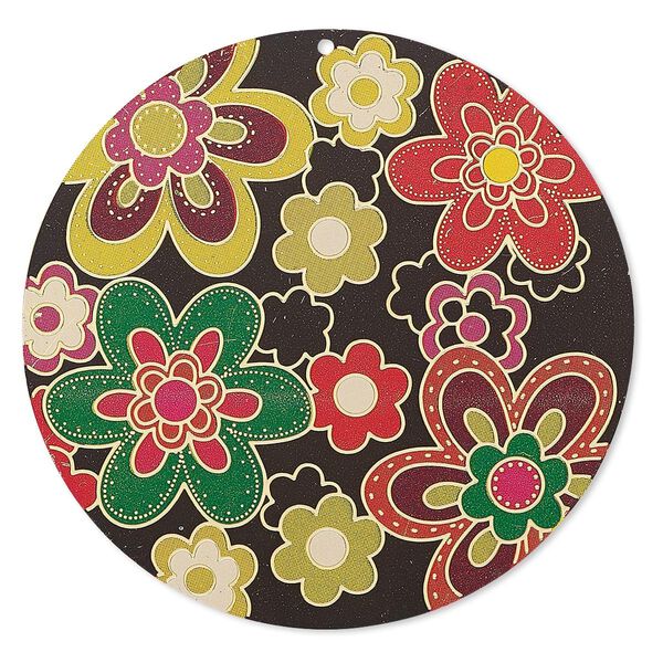 Focal, Lazer Lace™, color film and gold-finished brass, multicolored, 47mm single-sided round with floral design. Sold per pkg of 2. image number 0