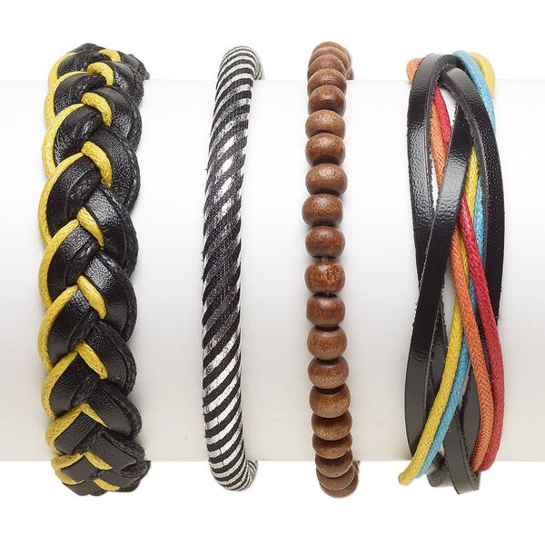 Bracelet mix, Everyday Jewelry, leather (dyed) / faux leather (dyed) / nylon / waxed cotton cord / resin, multicolored, 5-14mm wide, 7-8 inches. Sold per pkg of 4. image number 0