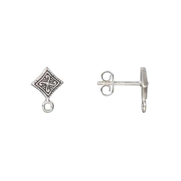 Earstud 1pkg2 sterling silver, 11x8mm diamond / closed loop / earnuts, antiqued 1 pair image number 0