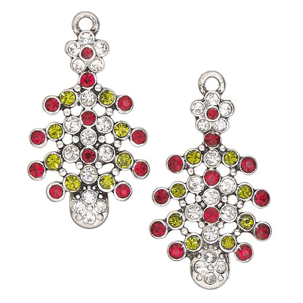 Focal, antique silver-finished "pewter" (zinc-based alloy) and glass, red / green / clear, 30x19mm Christmas tree. Sold per pkg of 2. image number 0