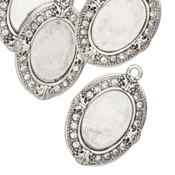 Drop, antique silver finish "pewter" (zinc-based alloy), 26x20mm Victorian oval with 16.5x11.5mm oval setting. Sold per pkg of 6. image number 0