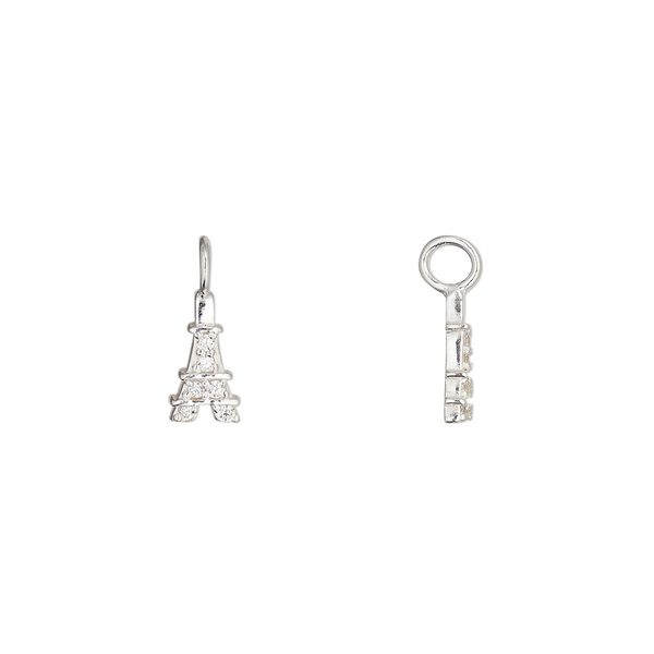 Charm 1pkg1 sterling silver / cubic zirconia 9.5x4.5mm Eiffel Tower perpendicular loop, clear image number 0