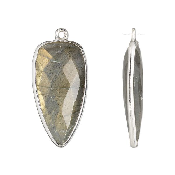 Drop, labradorite (natural) and sterling silver, 27x14mm-28x15mm hand-cut double-sided faceted dagger. Sold individually. image number 0