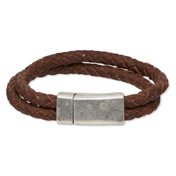Bracelet, 2-strand, leather (dyed) and antique silver-plated "pewter" (zinc-based alloy), rustic brown, 12mm wide braided, 7 inches with 31x15mm rectangle magnetic clasp. Sold individually. image number 0