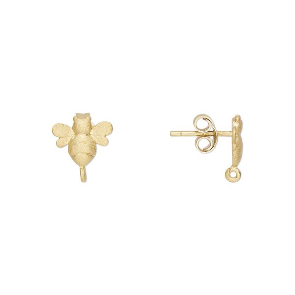 Earstud 1pkg2 Amoracast® sterling silver, 9x8mm bee / earnuts, "vermeil" / brushed 1 pair image number 0