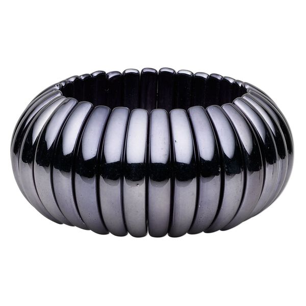 Bracelet, stretch, gunmetal-finished plastic, 35x13mm flat-sided rondelle, 6-1/2 inches. Sold individually. image number 0