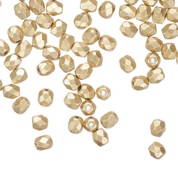 Bead 1pkg120 Czech fire-polished glass, opaque satin metallic gold, 4mm faceted round. image number 0