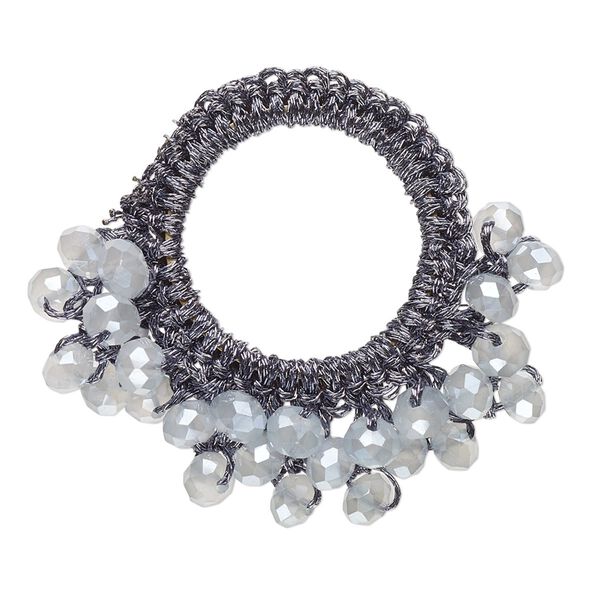Focal, glass / nylon / steel, dark grey, 34x32mm-37x34mm open round with fringe. Sold per pkg of 4. image number 0