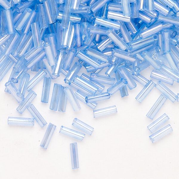 Bead, Ming Tree™, bugle bead, glass, pkg/1/4 pound, 1/4 inch, rainbow transparent blue. image number 0