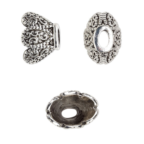Cone, antique silver-finished "pewter" (zinc-based alloy), 16x11.5x11mm flat oval flower, 12x8mm inside diameter. Sold per pkg of 6. image number 0