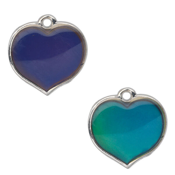 Charm, acrylic and imitation rhodium-finished "pewter" (zinc-based alloy), multicolored, 20x19mm color-changing single-sided heart. Sold per pkg of 2. image number 0