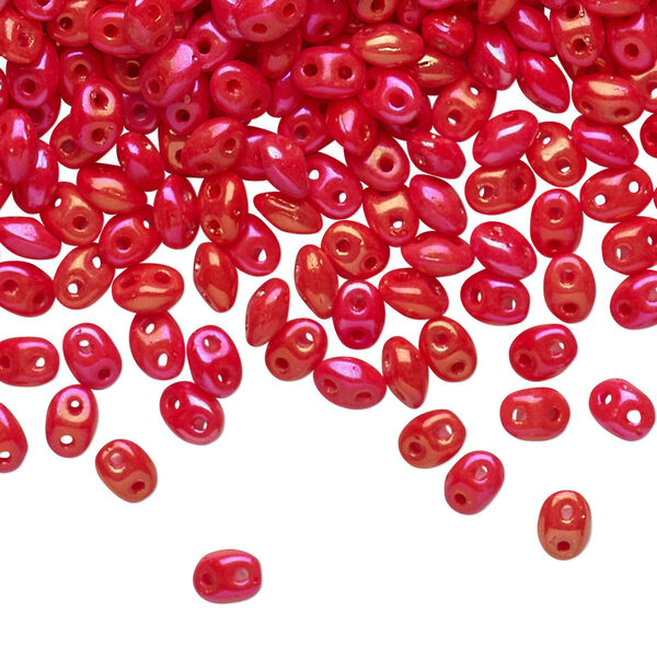 Bead, Preciosa Twin™, Pressed Twin, Czech pressed glass, opaque rainbow red-orange, 5x2.5mm oval with (2) 0.7-0.8mm holes. Sold per 250-gram pkg. image number 0