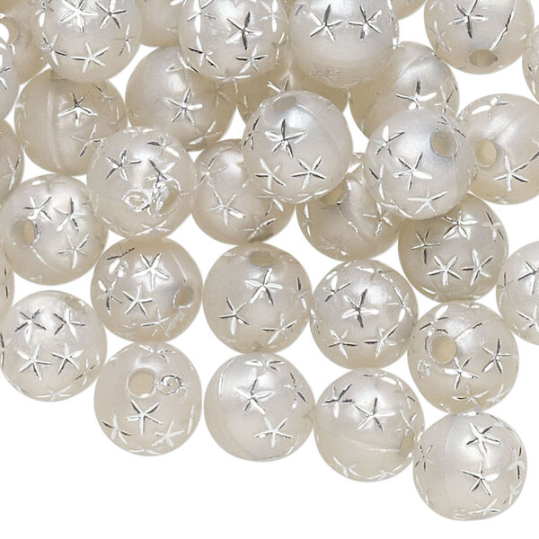 Bead, acrylic, silver, 8mm round with stars. Sold per pkg of 100. image number 0
