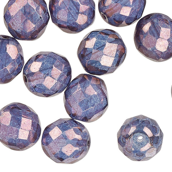 Czech fire-polished glass 1pkg30, faceted round bead opaque purple / gold 12mm image number 0