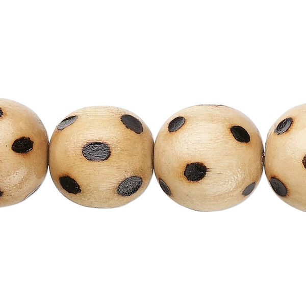 Bead, wood (coated), burnt, 14-16mm round with spots. Sold per 15-1/2" to 16" strand. image number 0
