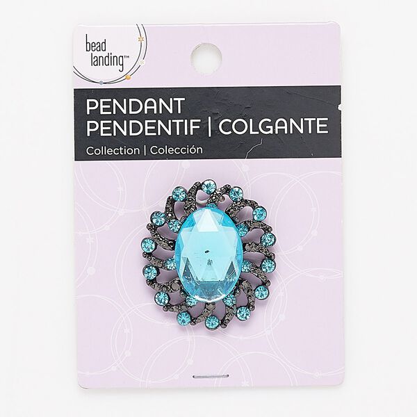 Focal, Bead Landing™, plastic / glass rhinestone / gunmetal-finished "pewter" (zinc-based alloy), blue, 39x35mm fancy oval with hidden bail. Sold individually. image number 0
