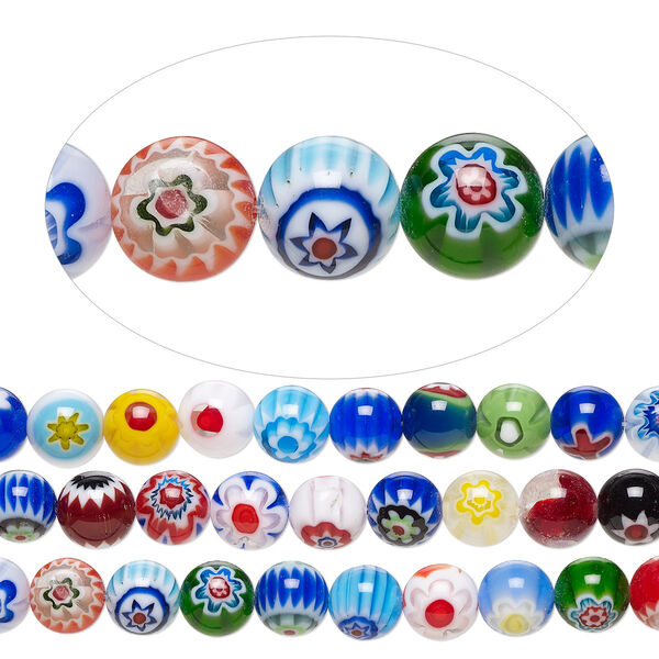 Bead mix, millefiori glass, opaque and translucent multicolored, 10mm round with 0.6-0.8mm hole. Sold per pkg of (3) 14-inch strands. image number 0