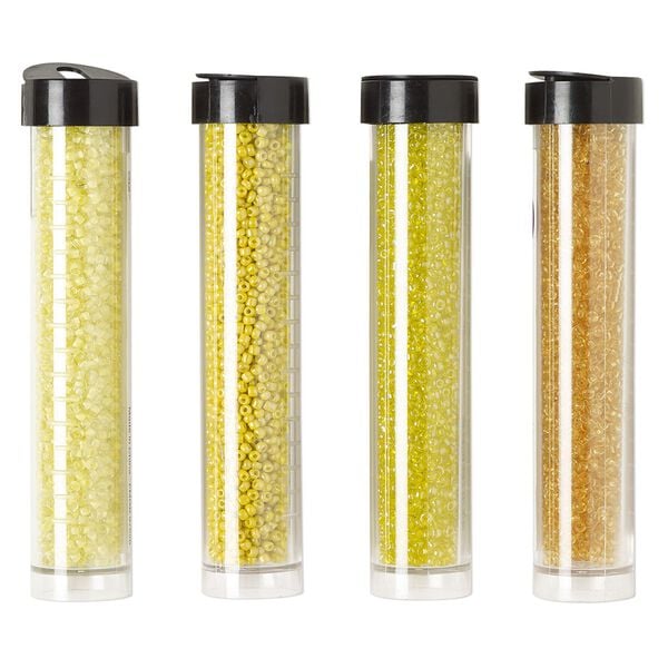 Seed bead assortment, Ming Tree™, glass, pkg/(4) 4 x 3/4 inch vials, #11 round, opaque and transparent color-lined rainbow amber yellow, yellow and cream yellow. image number 0