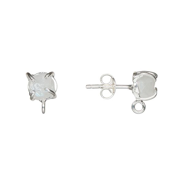 Earstud 1pkg2 sterling silver / rainbow moonstone (natural), 5x5mm-7x7mm rough nugget / closed loop, 1 pair image number 0