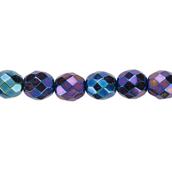 Bead, Czech fire-polished glass, opaque iris blue, 8mm faceted round. Sold per 15-1/2" to 16" strand. image number 0