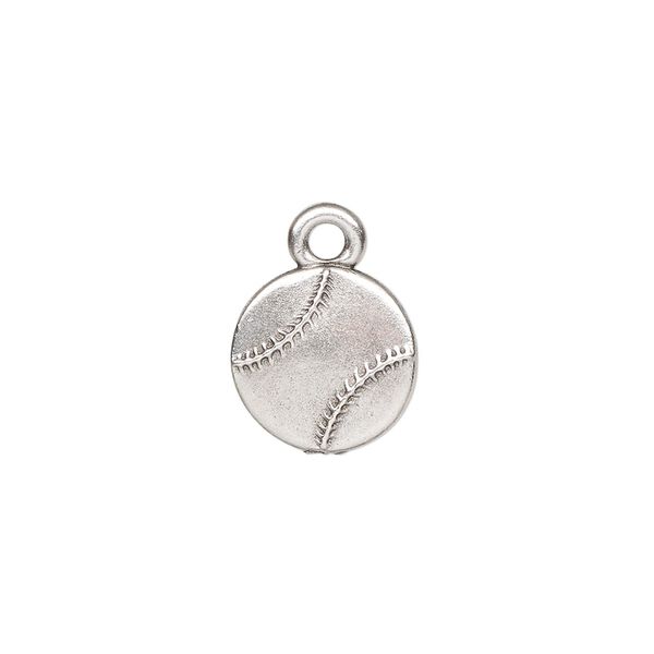 Charm, TierraCast®, antique silver-plated pewter (tin-based alloy), 13mm double-sided baseball. Sold per pkg of 20. image number 0