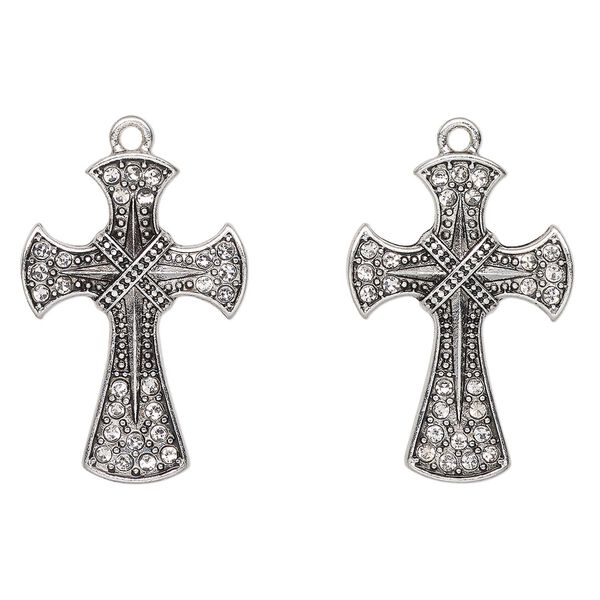 Focal, antique silver-finished "pewter" (zinc-based alloy), 31x21mm fancy cross. Sold per pkg of 2. image number 0
