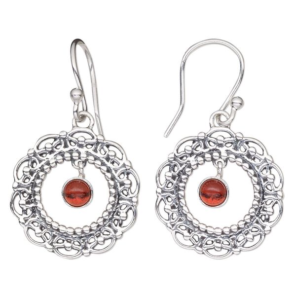 Earring, Create Compliments®, garnet (natural) and antiqued sterling silver, 33mm fancy round with cutout design and fishhook ear wire, 20 gauge. Sold per pair. image number 0