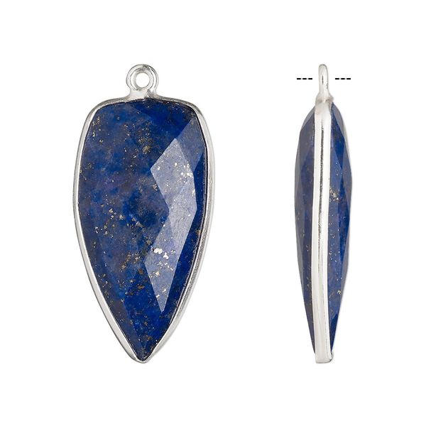 Drop, lapis lazuli (natural) and sterling silver, 27x14mm-28x15mm hand-cut double-sided faceted dagger. Sold individually. image number 0