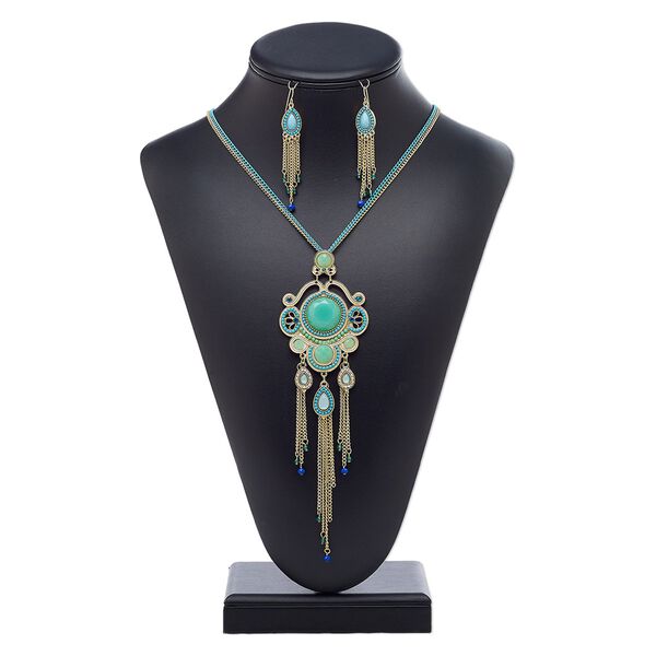 Necklace and earring set, acrylic rhinestone / acrylic / glass rhinestone / glass / enamel / antique gold-finished brass / steel / "pewter" (zinc-based alloy), multicolored, 6-1/2 inch dangle, 30-inch necklace with 3-inch extender chain and lobster claw clasp, 2-1/2 inch earrings with fishhook ear wire. Sold per set. image number 0