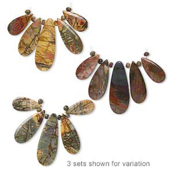 Red creek jasper 5pkg, hand-cut satin-finish teardrop focal graduated 33x16mm-59x22mm image number 0