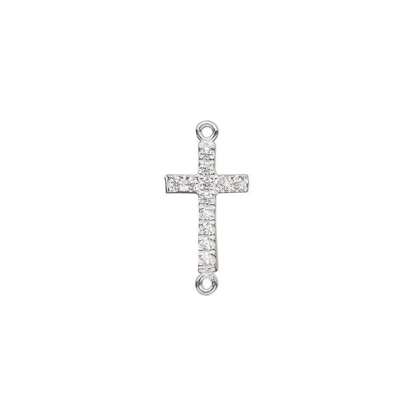 Link, sterling silver and cubic zirconia, clear, 11x7.5mm single-sided cross. Sold individually. image number 0