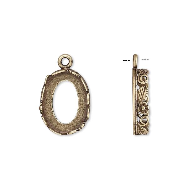 Drop, JBB Findings, antiqued brass, 16x12mm oval with open back and flower and leaf design trim, 14x10mm oval bezel setting. Sold per pkg of 2. image number 0