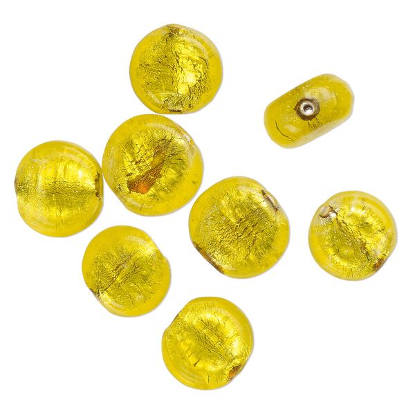 Bead, lampworked glass, opaque yellow, 15x8mm-13x6mm flat round with silver-colored foil. Sold per pkg of 8. image number 0