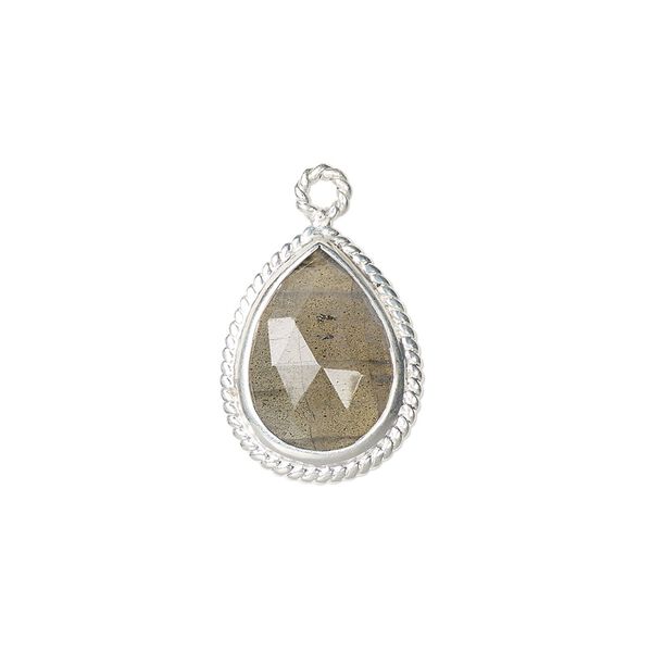 Drop, labradorite (natural) and sterling silver, 18x14mm-20x15mm hand-cut double-sided faceted teardrop with twisted wire design. Sold individually. image number 0
