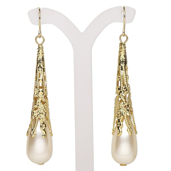 Earring, acrylic and gold-finished steel, white, 2-1/2 inches with teardrop and fishhook ear wire. Sold per pair. image number 0
