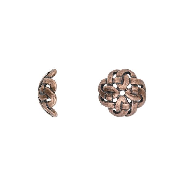 Bead cap, JBB Findings, antique copper-plated pewter (tin-based alloy), 11x4.5mm Celtic knot, fits 10-14mm bead. Sold per pkg of 2. image number 0